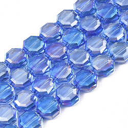 Electroplate transparentes abalorios de vidrio hebras, color de ab chapado, facetados, octágono, azul real, 7~8x7~8x4mm, agujero: 1.2 mm, aproximamente 72 pcs / cadena, 20.47 pulgada (52 cm)