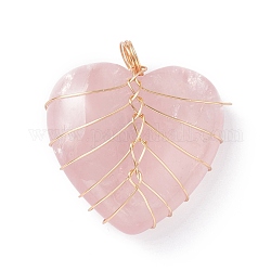 Ciondoli quazo rosa naturale, con vero filo di rame ecologico placcato oro 18k, cuore, 34x30.5x17mm, Foro: 5.5 mm