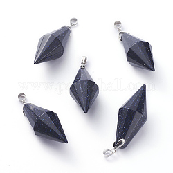 Synthetic Blue Goldstone Pendants, with Platinum Tone Brass Ice Pick Pinch Bails, Faceted, Bicone, 45~46x16~17mm, Hole: 4.5x4mm