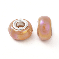 Perles européennes en alliage, Perles avec un grand trou   , imitation porcelaine, avec noyau en laiton plaqué platine, rondelle, orange foncé, 13.5x8.5mm, Trou: 4.5mm