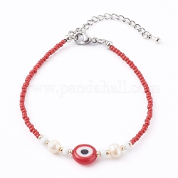 Bracelets en perles de rocaille de verre, avec des perles de perles naturelles et des perles de chalumeau mauvais œil, rouge, 7-1/8 pouce (18 cm)