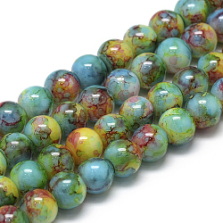 Hornear abalorios de vidrio pintadas hebras, remolino de perlas de vidrio, redondo, verde mar claro, 8~8.5mm, agujero: 1.5 mm, aproximamente 105 pcs / cadena, 31.8 pulgada (80.7 cm)