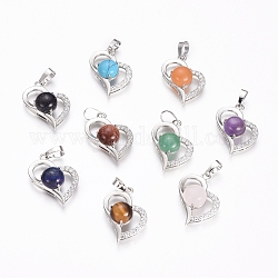 Natural & Synthetic Mixed Gemstone Pendants, with Platinum Tone Brass Findings and Crystal Rhinestone, Heart, 29x21.5x9mm, Hole: 7x3.5mm