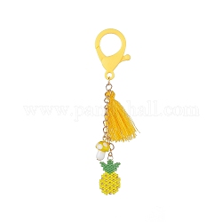 Motif de métier à tisser à la main d'ananas perles de rocaille pendentif décorations, avec des breloques champignon et pompon au chalumeau, fermoir, jaune, 111mm
