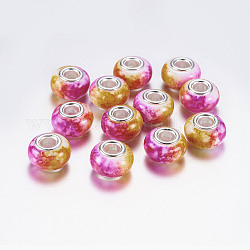 Großes Loch Unterlegscheibe Harz European Beads, mit versilberten Messingkernen, neon rosa , 14x9 mm, Bohrung: 5 mm