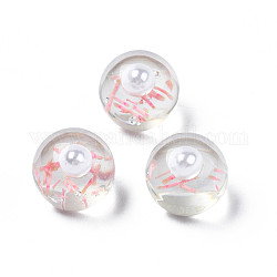 Translucent Acrylic Cabochons, with ABS Imitation Pearl Beads and Hay, Round, Pink, 10x9.5mm