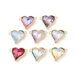 Brass Pave Glass Rhinestone Connector Charms, Heart Links, Mixed Color, Real 18K Gold Plated, 14x18x6mm, Hole: 1.4mm