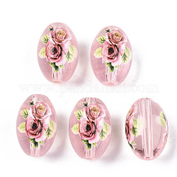 Bedruckte & sprühlackierte transparente Glasperlen, oval mit Blumenmuster, rosa, 15x10 mm, Bohrung: 1.6 mm