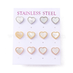 6 paio di orecchini a bottone con cuore di conchiglia bianca naturale, 304 gioiello in acciaio inossidabile per donna, colore misto, 9x10mm, ago :0.7mm