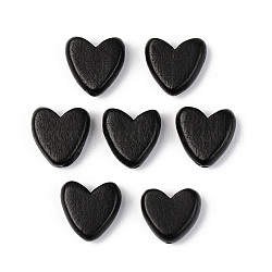 Perles de bois naturel peintes, sans plomb, cœur, noir, 16x16x6mm, Trou: 1.2mm
