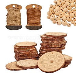 Decoraciones caseras de diy, incluyendo pieza de madera y cuentas, cordón de yute, color mezclado, 60x5mm, agujero: 4 mm, 30 pcs