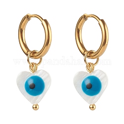 304 Stainless Steel Huggie Hoop Earrings, with Natural Shell Beads, Heart with Evil Eye, Dodger Blue, Golden, 27mm, Pin: 1mm