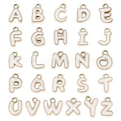 Golden Plated Alloy Enamel Charms, Alphabet, White, Width: 6.5~11mm, Length: 10~12mm, Thick: 2~2.5mm, hole: 1.5mm,  26pcs/bag