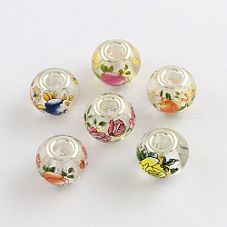 Large Hole Rondelle Flower Pattern Glass European Beads, with Silver Tone Brass Double Cores, Mixed Color, 14~15x11mm, Hole: 4.5~5mm