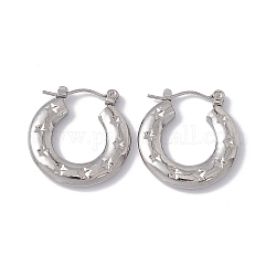 304 Stainless Steel Donut with Star Hoop Earrings for Women, Stainless Steel Color, 22x21x2.5mm, Pin: 0.6mm