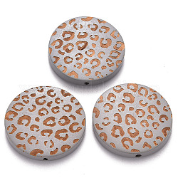 Perle di legno naturale verniciate, motivo inciso al laser, piatta e rotonda con stampa leopardo, argento, 30x5mm, Foro: 1.6 mm