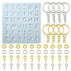 Kits de fabrication de porte-clés bricolage, y compris les moules en silicone alphabet et pendentif numéro, porte-clés fendus en fer et vis à oeil, anneau de saut ouvert en laiton, platine et d'or, 135x135x5.5mm, diamètre intérieur: 15~17x5~21 mm