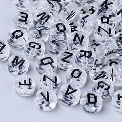 Perles en acrylique transparente, trou horizontal, plat rond avec des lettres aléatoires, clair, 7x3.5mm, Trou: 1.8mm, environ 3600~3700 pcs/500 g
