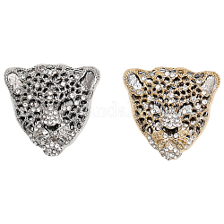 CHGCRAFT 2Pcs 2 Colors Rhinestone Leopard Brooch Pin, Alloy Animal Badge for Backpack Clothes, Platinum & Light Gold, 37x38x5mm, 1Pc/color
