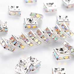 Brass Rhinestone Spacer Beads, Beads, Grade A, Square, Nickel Free, AB color, Clear AB, Silver Color Plated, Size: about 6mmx6mmx3mm, hole: 1mm