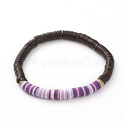 Bracelets extensibles de perles heishi en argile polymère, avec des perles de noix de coco naturelles et des perles en laiton doré, disque / plat rond, violet, diamètre intérieur: 2-1/4 pouce (5.6 cm)