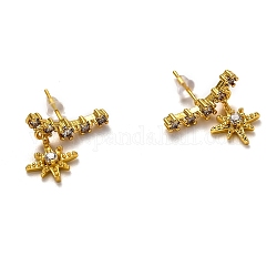 Brass Micro Pave Clear Cubic Zirconia Stud Earrings, with Ear Nuts, Star, Real 18K Gold Plated, 18x17mm, Pin: 0.6mm