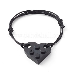 Resin Building Blocks Link Bracelets, with Adjustable Nylon Cord , Heart, Black, Inner Diameter: 1-3/4~3-1/4 inch(4.6~8.3cm)