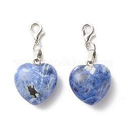 Natural Sodalite Pendants, with Zinc Alloy Lobster Claw Clasps and Iron Open Jump Ring, Heart, Platinum, 44mm, Hole: 4x3.4mm