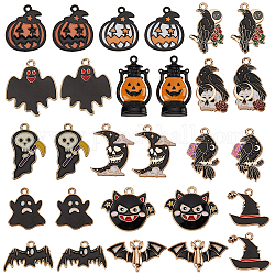 PandaHall Elite 28Pcs 14 Style Alloy Enamel Pendants, Moon with Skull & Witch Hat with Skull & Pumpkin, Mixed Color, 14.5~30x16~29x1~4mm, Hole: 1.5~2mm, 2pcs/style