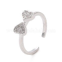 Anello a polsino aperto con bowknot a forma di cuore con zirconi cubici trasparenti, gioielli in ottone per le donne, platino, diametro interno: 17mm