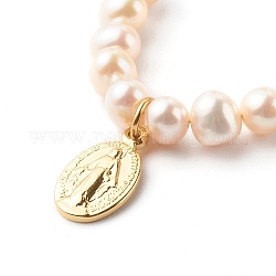 Ovale avec colliers pendentifs vierge marie et perles naturelles, Avec chaîne de câble en laiton, or, 15.94 pouce (40.5 cm)