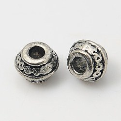 Tibetischen Stil Legierung Zwischenperlen, Bleifrei und cadmium frei, Fass, Antik Silber Farbe, ca. 9 mm Durchmesser, 7 mm dick, Bohrung: 3.5 mm