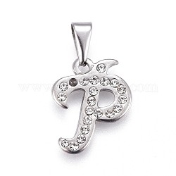 304 Stainless Steel Pendants, with Rhinestone, Letter, Letter.P, 20.5x16x2mm, Hole: 3~3.5x7.5~8mm