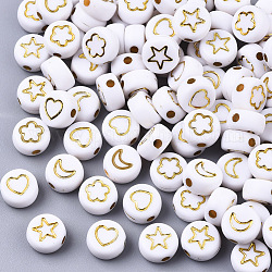 Perles acryliques opaques, rond plat avec des motifs mixtes, plaqué or, blanc, 7x4mm, Trou: 1.6mm
