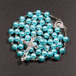 Collana con perle di rosario in plastica imitazione perla per Pasqua, collana con pendente croce crocifisso in lega con catene di ferro, cielo blu profondo, 27.56 pollice (70 cm)