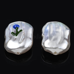 Perle di perle imitazione plastica abs, con smalto, ovale con fiore, blu medio, 21x15x7~8mm, Foro: 1.2 mm