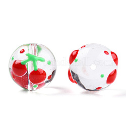 Perles de lampwork faites à la main transparentes, rond avec motif cerise, rouge, 17x16x15mm, Trou: 1.8~2mm