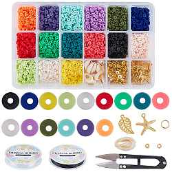 SUNNYCLUE DIY Jewelry Set Kits, with Eco-Friendly Handmade Polymer Clay Heishi Beads, Brass Spacer Beads, Cowrie Shells, Alloy Pendants, Iron Jump Rings, Elastic Crystal Thread, Steel Scissors, Mixed Color, Disc Beads: 6x1mm, Hole: 2mm