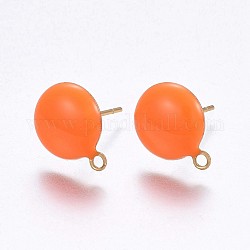 Ion Plating(IP) 304 Stainless Steel Stud Earring Findings, with Loop, Enamel, Flat Round, Golden, Orange, 12.5x10x2mm, Hole: 1.2mm, Pin: 0.8mm, 100pc/bag