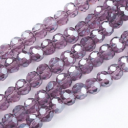 Fili di perle di vetro placcato, lustro di perla placcato, sfaccettato (32 sfaccettatura), tondo, porpora, circa4 mm di diametro, Foro: 0.5 mm, circa 100pcs/filo, 14.2 pollice