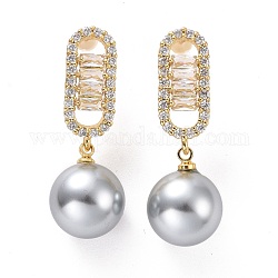 Orecchini pendenti ovali con zirconi trasparenti con perle di plastica, gioielli da donna in ottone placcato oro chiaro,  cadmio& piombo libero, grigio scuro, 35mm, ago :0.9mm