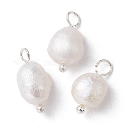 Natürliche Perlen-Kartoffel-Charms, mit Messing-Schleifen, Silber, 13~15x6~8x6 mm, Bohrung: 2.8 mm, 3 Stück / Set