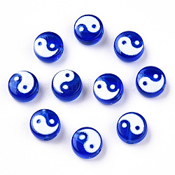 Прозрачные акриловые бусины, плоские круглые с инь янь рисунком, синие, 7x4 мм, отверстие : 1.5 мм
