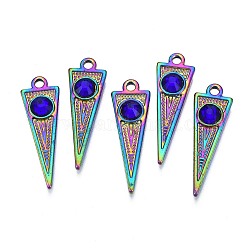 Colgantes de aleación de color arco iris chapado en rack, con diamante de imitación, Sin cadmio y níque y plomo, triángulo, capri azul, 29x9x4mm, agujero: 1.8 mm