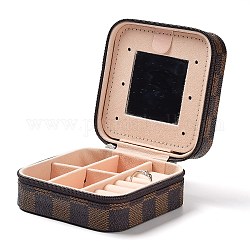 Tartan Square PU Leather Jewelry Storage Zipper Boxes, Jewellery Organizer Travel Case with Mirror Inside, for Necklace, Ring Earring Holder, Coffee, 10x10x5cm