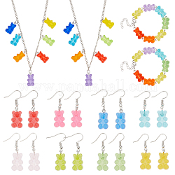 ANATTASOUL Bear Resin Pendant Necklaces & Beaded Bracelets & Dangle Earrings, Alloy Jewelry Set for Women, Mixed Color, 18.11~18.50 inch(46~47cm), 3mm, 6-3/4 inch(17.3cm), 38mm, Pin: 0.7mm, 20Pcs/box