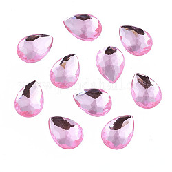 Cabochon posteriori con strass acrilici, sfaccettato, placcato argento inferiore, lacrima, perla rosa, 14x10x3.5mm