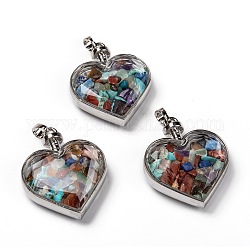 Glass Bottle Pendants, with Natural Gemstone Chips and Platinum Plated Alloy Findings, Heart, 40x32.5x11mm, Hole: 8x5mm