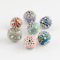 Round Handmade Grade A Rhinestone Indonesia Beads, with Alloy Antique Silver Metal Color Cores, Mixed Color, 18mm, Hole: 2mm