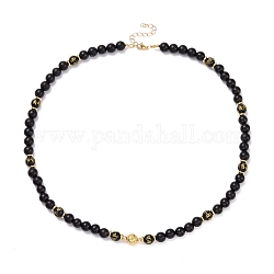 Om Mani Padme Hum Buddhist Jewelry, Round Natural Obsidian & Lava Rock & Wood Beaded Necklace, Black, Golden, 21.65 inch(55cm)